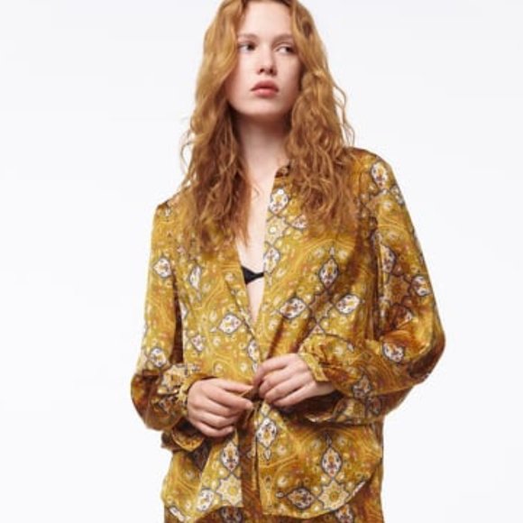 Zara Tops - NWT Zara Mustard Satin Paisley Lingerie Shirt Small